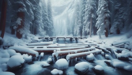 A snow piled log jam across a half frozen creek