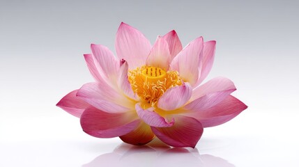 A single pink lotus flower with a yellow center, set against a white background with a subtle gradient.