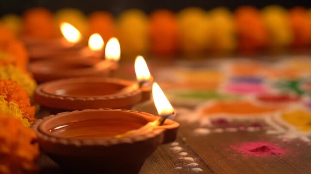 Row of burning clay diya lamps illuminating a colorful rangoli during the Diwali festival celebration