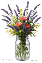 Bouquet of lavender and gerbera daisies in a glass jar