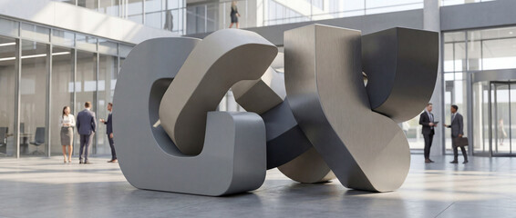 Fototapeta premium Modern geometric sculpture in spacious interior highlighting architectural design and fluid lines, creating a unique focal point. Panoramic interior space features dynamic geometry,