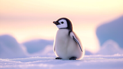 Fototapeta premium Penguin chick stands on icy surface in cold environment at dusk with soft light in the background