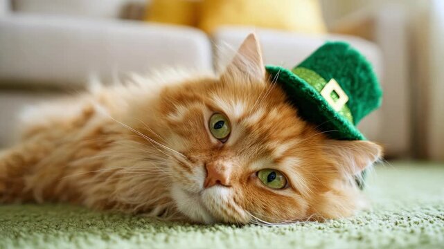 A fluffy, funny ginger cat wearing a green leprechaun hat is lying on a soft green carpet against a light sofa