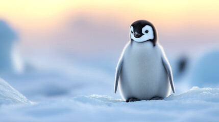 Obraz premium Penguin chick stands on icy surface in the Arctic during the soft light of dawn