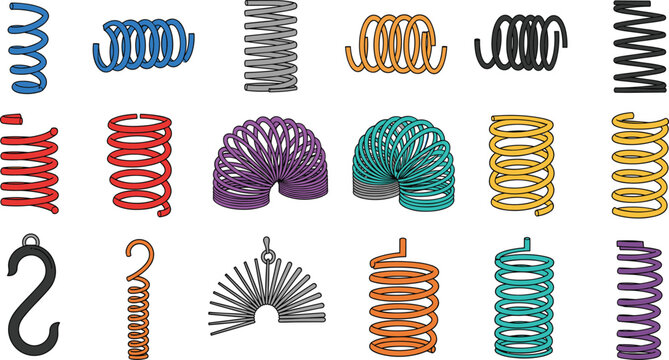 Colorful Spring and Coil Illustration Set with Metal Compression Spiral Shapes for Engineering Physics Toys and Mechanical Design Concepts