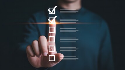 Man's Finger Touching a Digital Checklist With Two Items Already Checked Off