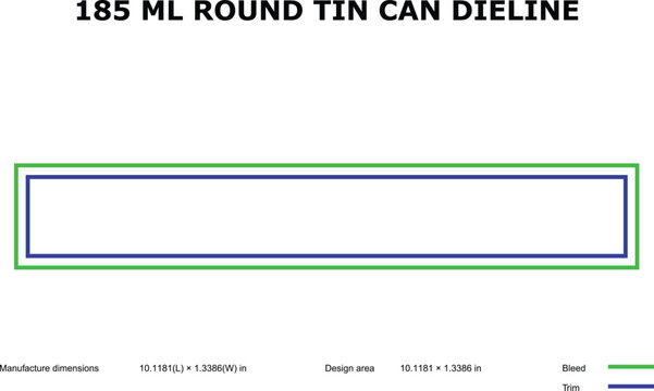 A technical diagram of a 185 ml round tin can dieline