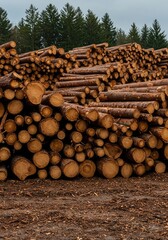 Huge piles of freshly cut timber and logs stacked high in an open outdoor industrial field, showcasing raw material storage for the forestry sector ,nature ,daylight ,industrial