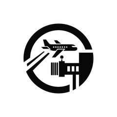 Naklejka premium Black silhouette of airplane taking off from airport terminal with circular design