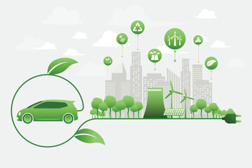 Eco Friendly Green City Concept Featuring Electric Car, Wind Turbines, Solar Panels, and Sustainable Energy Icons with Modern Urban Skyline and Nature Elements in Flat Vector Illustration.