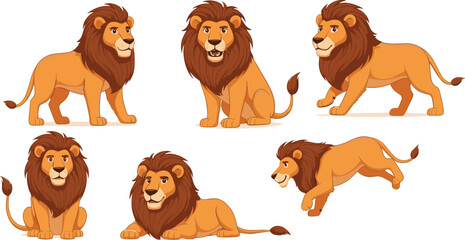 Cute lion character poses set with standing sitting lying running safari cartoon vector © EdGe Creative
