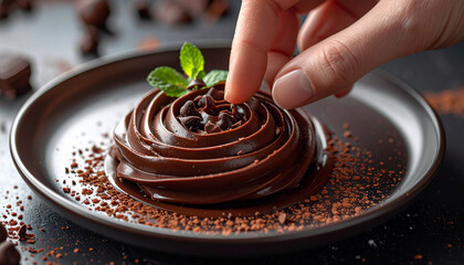Finger dragging through chocolate swirl on dessert plate, artistic detail