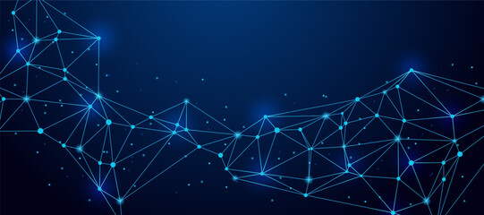 Abstract digital network background with glowing connected nodes and bright lines on a dark blue gradient illustrating data communication, technology flow, and futuristic connectivity.  © AlAhsan