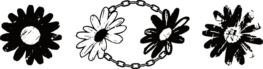 Obraz premium Black and white daisy flowers with chain links, floral abstract design elements, vintage botanical illustrations