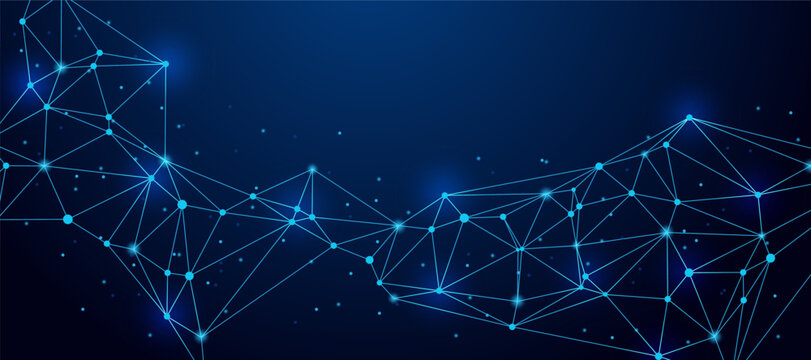 Abstract digital network background with glowing connected nodes and bright lines on a dark blue gradient illustrating data communication, technology flow, and futuristic connectivity.
