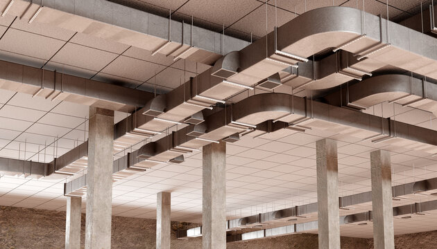 Commercial HVAC ductwork, Building ventilation systems. Ceiling-mounted metal air ducts with diffusers and suspended supports installed for efficient airflow control in large interior spaces, 3d image