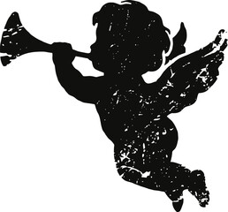 Fototapeta premium Vintage distressed silhouette of flying angel cherub playing trumpet