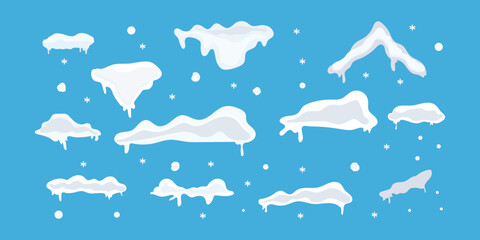 Snow caps set, icicles, snowballs and snowdrifts isolated on white. Snowy piles and snow caps. Vector realistic icons set, mountains or hills summits and peaks. Snowfall and blizzard