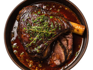Hearty slow-cooked meat shank with a bone, in a dark, rich sauce, garnished with herbs