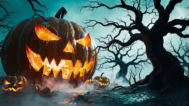Giant Spooky Jack-o-Lantern with Glowing Eyes in Foggy Forest, Cinematic Halloween Horror