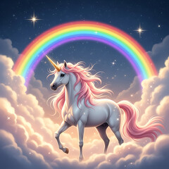 Unicorn Standing on Clouds under Rainbow in Starry Sky