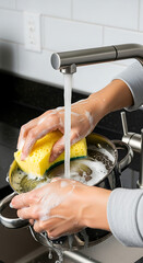 Woman washing dishes with sponge in kitchen sink