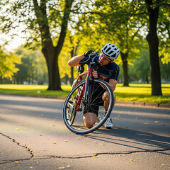 Paraplegic Man Kneeling on Road with Bicycle in Park