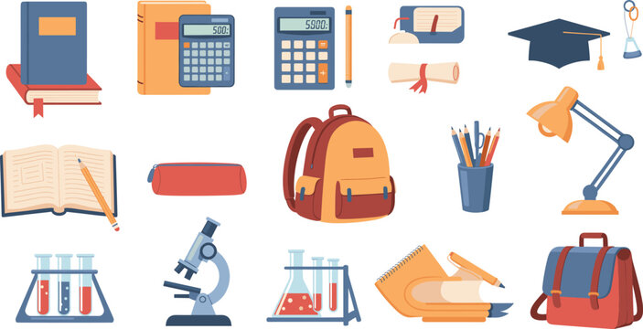 School supplies and education equipment set with books backpack calculator microscope cartoon vector