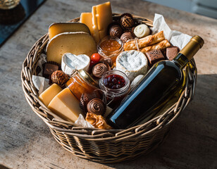 Luxurious wicker gift basket overflowing with wine, artisanal cheeses, and fine chocolates on a rustic table. Perfect for festive celebrations, holiday gifts, and premium food branding.