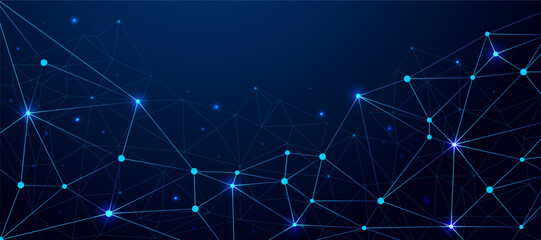 Abstract digital network background with glowing connected nodes and bright lines on a dark blue gradient illustrating data communication, technology flow, and futuristic connectivity.  © Abdullah9934