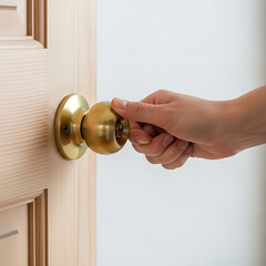 Hand Turning Brass Door Knob on Wooden Door