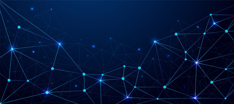 Abstract digital network background with glowing connected nodes and bright lines on a dark blue gradient illustrating data communication, technology flow, and futuristic connectivity.
