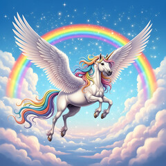 White Unicorn Flying Under Rainbow in Cloudy Sky