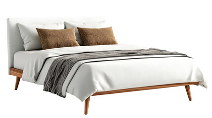 Modern bed with white bedding, two brown pillows, grey throw, and natural wooden frame