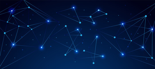 Abstract digital network background with glowing connected nodes and bright lines on a dark blue gradient illustrating data communication, technology flow, and futuristic connectivity.  © Abdullah9934