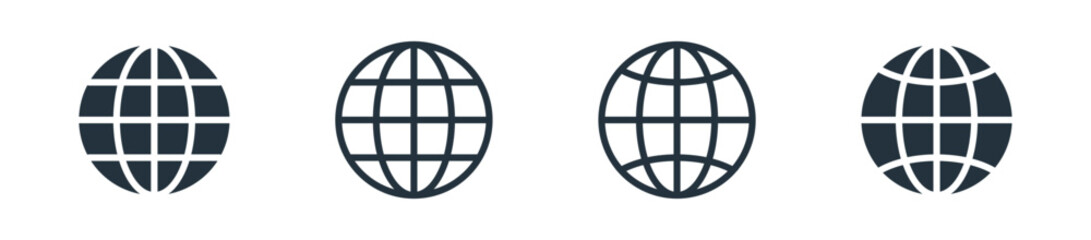 Globe world icon set in outline and solid styles, representing the earth and global internet and network symbols for global connectivity and web, travel, and UI design.