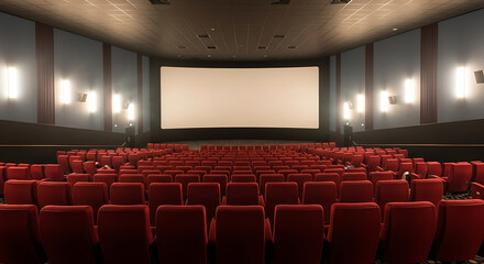 Empty Movie Theater with Red Seats and Large Screen