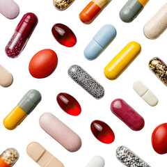 Close-up of diverse, vibrant pills and capsules, including gels, scattered across a dark surface