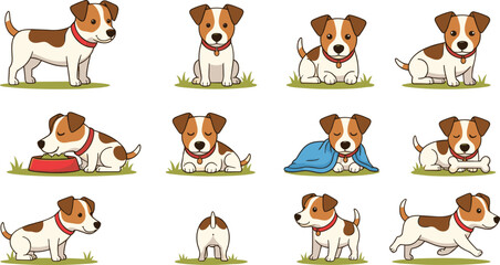 Fototapeta premium Cute puppy dog character poses set with sitting sleeping running actions cartoon vector
