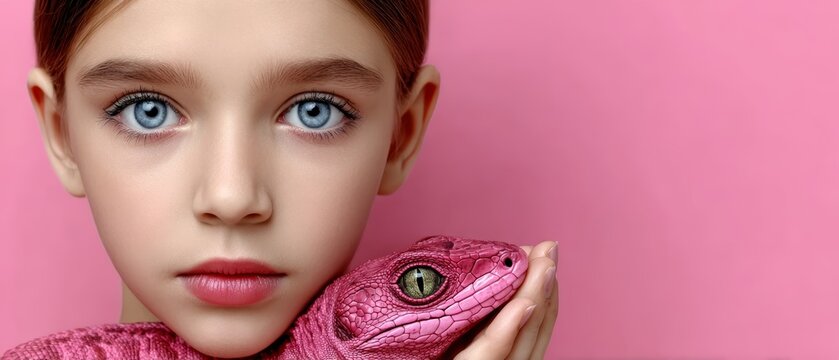 Young Girl With Pink Lizard Portrait Against Pink Background, Close Up, Fashionable and Curious