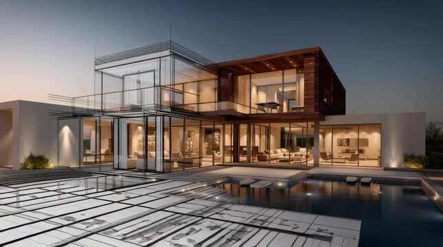 A professional architectural illustration of a modern luxury villa. The image is a fully rendered, realistic entity with vibrant colors, textured wood, and glass reflections. High contrast between the