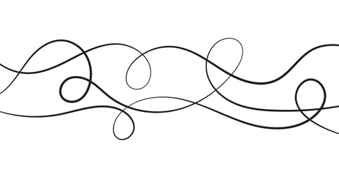 Thin squiggly lines. Wavy wiggle stripe pattern decoration. Curvy thread, string or yarn lines for ornament, decor, separate, divider. Tangled squiggle linear doodle shapes. Vector.