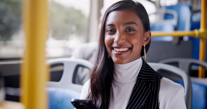Business, woman and face and bus commute with smile on public transport, corporate or downtown. Female person, portrait and metro traffic for city travel as law intern in Boston, journey or urban
