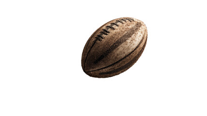 Worn leather football shows age; dark threads and grainy texture stand out