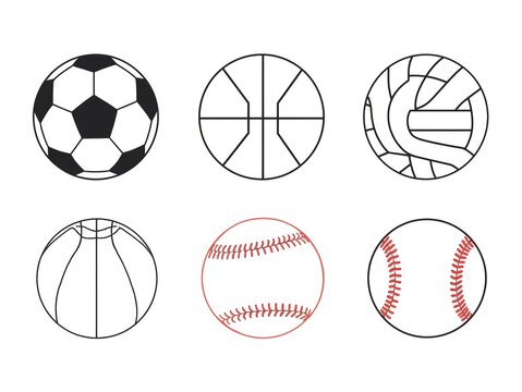A collection of six different sports balls, including soccer, basketball, and baseball.