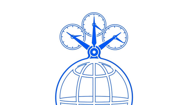Global Time Zone and World Clock Icon. International Business Scheduling and Synchronization Concept Vector Line Art on White Background.
