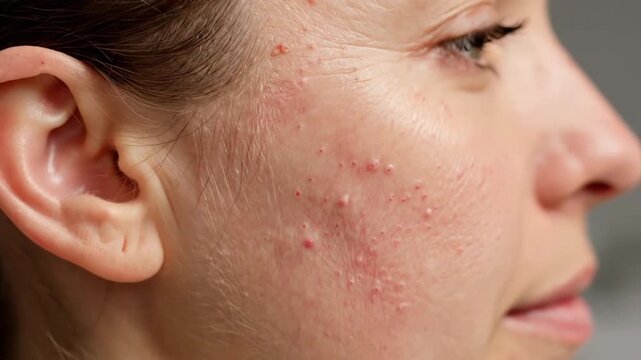 Close-up of a person's cheek with acne blemishes and redness, highlighting skin imperfections and texture