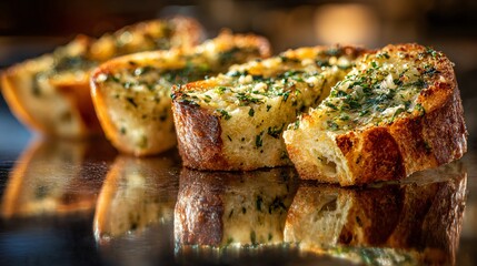 Garlic bread photographed through glass, reflections adding depth