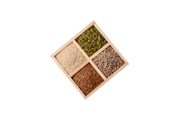 Flax, pumpkin, sunflower, and sesame seeds, ingredients for healthy eating