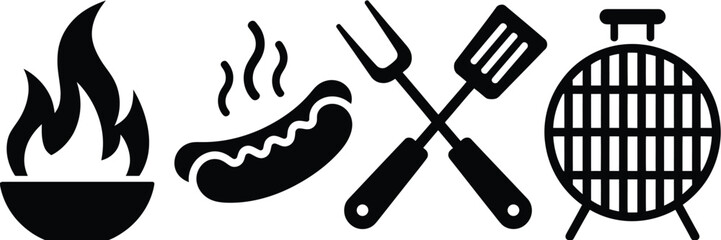 Obraz premium BBQ Grilling Silhouette Icon Set – Outdoor Cooking Tools and Food Vector.